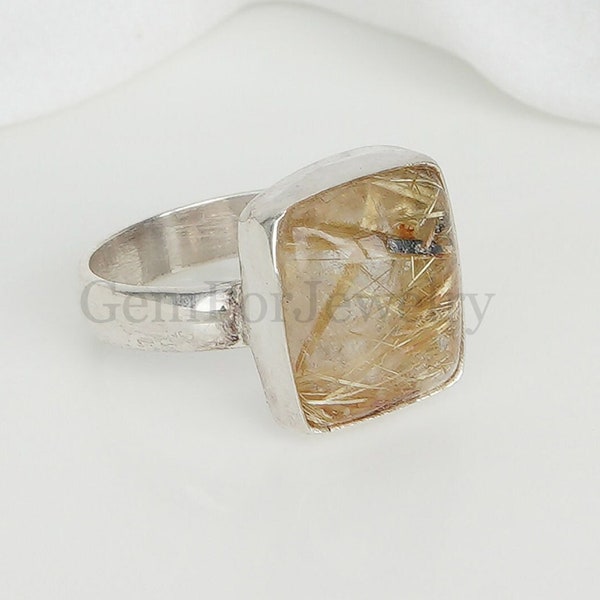 Golden Rutile Cabochon Ring, Cushion Cabochon Ring, Rutilated Quartz Ring, Silver Handmade Ring, Healing Crystal Ring, Birthday Gift For Her