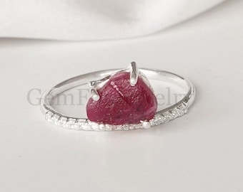 Raw Ruby Crystal Ring, Natural Ruby CZ Ring, Precious Stone Ring, Raw Gemstone Ring, Silver Handmade Ring, Raw Ruby Ring, July Birthstone