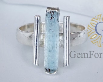 Raw Aquamarine Bar Ring, Silver Multi Bars Ring, Aquamarine Pencil Ring, Unique Design Ring, March Birthstone Jewelry, Silver Handmade Ring