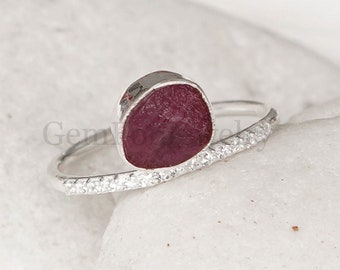 Raw Ruby Crystal Ring, Natural Ruby CZ Ring, Precious Stone Ring, Raw Gemstone Ring, Silver Handmade Ring, Raw Ruby Ring, July Birthstone