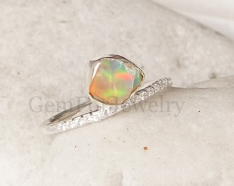 Raw Fire Opal Ring, Ethiopian Opal CZ Ring, Silver Handmade Ring, Uncut Gemstone Ring, October Birthstone, Raw Opal Jewelry, Gift For Her