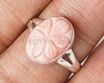 Pink Opal Ring, Carved Flower Ring, 925 Sterling Silver, Handmade Jewelry, Birthday Gift, Opal Jewelry, October Birthstone, Gift For Her