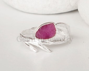 Ruby Wooden Branch Ring, Natural Raw Ruby Ring, Textured Band Ring, Precious Stone Ring, Raw Gemstone Ring, Crystal Ring, July Birthstone