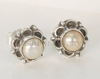 Natural Pearl Earring, Silver Stud Earring, Round Cabochon Earring, Pearl Flower Earring, January Birthstone, Natural Gemstone Earring