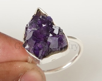 Raw Amethyst Ring, Amethyst Geode Ring, Raw Amethyst Druzy, Raw Crystal Ring, Sterling Silver Jewelry, African Amethyst, Raw Gemstone Ring