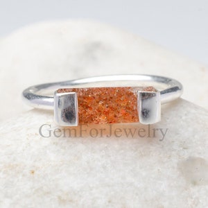 Sunstone Bar Ring, Raw Sunstone Ring, Orange Fire Crystal, Uncut Gemstone Ring, Silver Handmade Ring, Birthstone Jewelry, Gift For Her