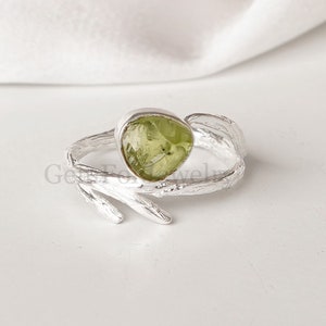 Raw Peridot Wooden Branch Ring, Artisan Handmade Silver Jewelry, August Birthstone Ring, Peridot Ring, Raw Gemstone Ring, Gift For Her