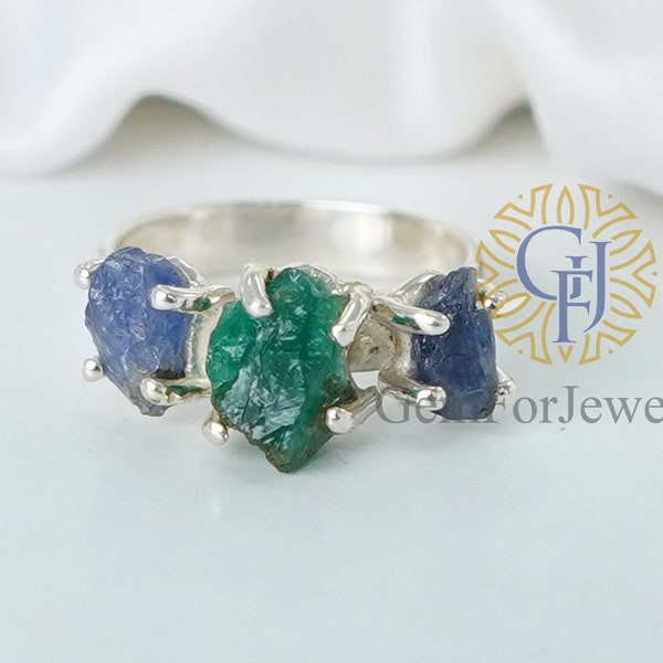 Raw Emerald Sapphire Ring, Precious Gemstone Ring, Two Stone Ring, Engagement Ring, Emerald Ring, Silver Handmade Ring, September Birthstone