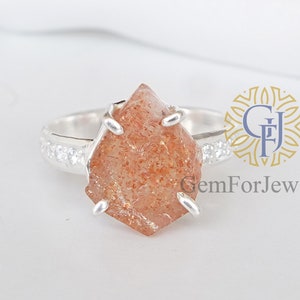 Raw Sunstone CZ Ring, Orange Fire Crystal, Handmade Raw Stone Ring, Uncut Gemstone Ring, Sterling Silver, Birthstone Jewelry, Gift For Her