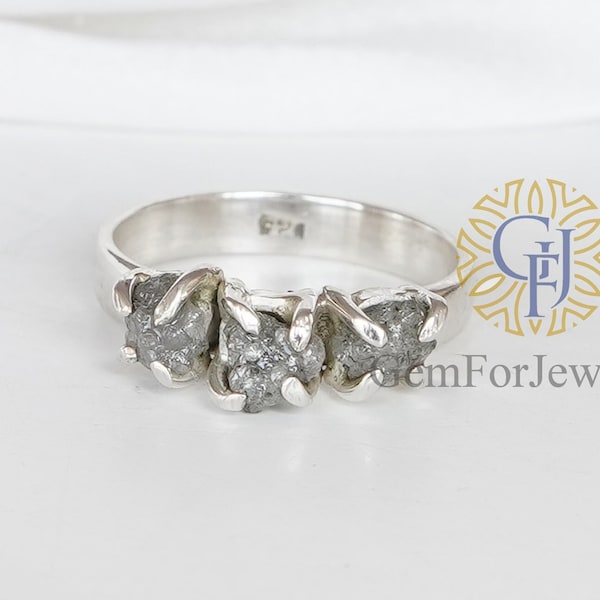 Raw Diamond Ring, Uncut Diamond Ring, Diamond Engagement Ring, Raw Grey Diamond Ring, Silver Handmade Ring, April Birthstone, Gift For Her