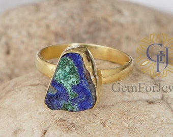 Raw Azurite Malachite Ring, 14k Gold Plated Ring, Azurite Gold Ring, Raw Gemstone Ring, Raw Crystal Ring, Birthstone Jewelry, Birthday Gifts