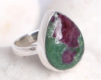 Ruby Zoisite Sterling Silver Ring, Ruby In Zoisite, Ruby Cabochon Ring, Handmade Jewelry, Artisan Ring, Crystal Ring, Anniversary Gift