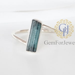 Indicolite Tourmaline Pencil Ring, Raw Tourmaline Stick Ring, Twisted Band Ring, October Birthstone, Silver Handmade Ring, Birthday Gift