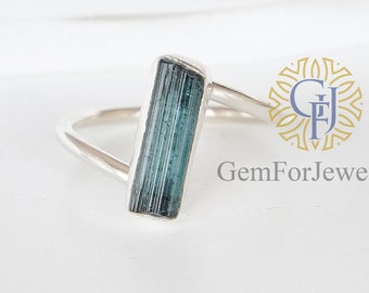 Indicolite Tourmaline Pencil Ring, Raw Tourmaline Stick Ring, Twisted Band Ring, October Birthstone, Silver Handmade Ring, Birthday Gift