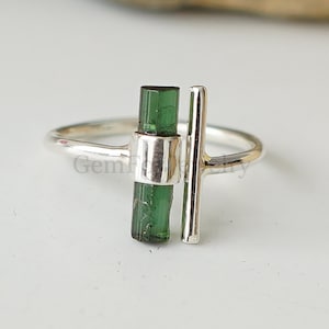 Green Tourmaline Pencil Ring, Raw Tourmaline Stick Ring, Adjustable Ring, October Birthstone Ring, Silver Handmade Ring, Gift For Girl&#39;s