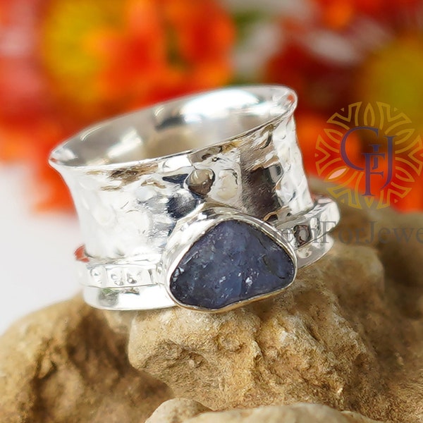 Raw Tanzanite Spinner Ring, Silver Hammered Band, Thumb Ring, Raw Tanzanite Crystal, Uncut Gemstone Ring, December Birthstone, Gift For Her