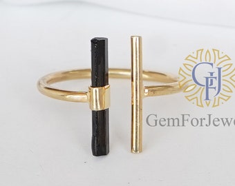 Raw Black Tourmaline Ring, 14K Gold Plated Ring, Adjustable Silver Stick Ring, October Birthstone, Tourmaline Stick, Birthday Gift For Her