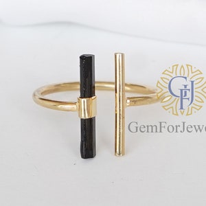 Raw Black Tourmaline Ring, 14K Gold Plated Ring, Adjustable Silver Stick Ring, October Birthstone, Tourmaline Stick, Birthday Gift For Her