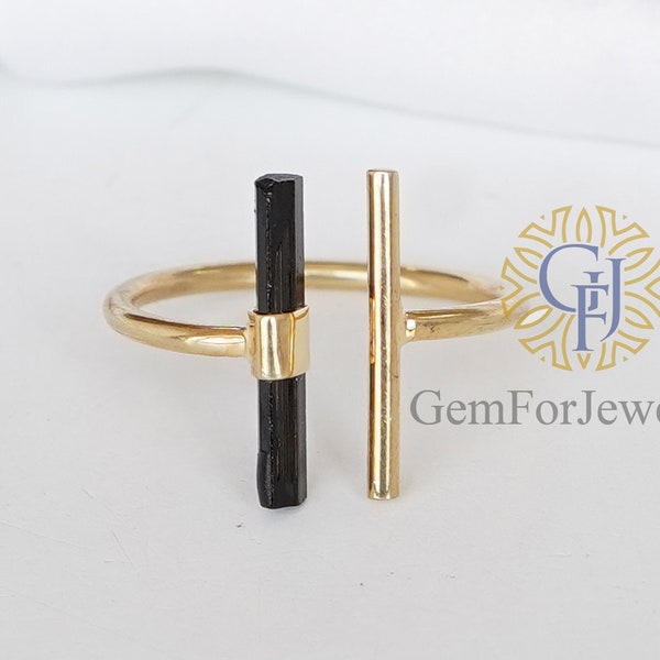 Raw Black Tourmaline Ring, 14K Gold Plated Ring, Adjustable Silver Stick Ring, October Birthstone, Tourmaline Stick, Birthday Gift For Her