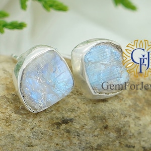 Raw Moonstone Stud Earring, Sterling Silver Earring, Aquamarine Earring, Crystal Earrings, June Birthstone Jewelry Gift, Raw Stone Earring