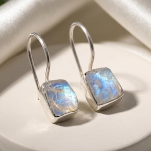 Raw Rainbow Moonstone Earring, Silver Dangle Drop Earring, Blue Fire Moonstone Crystal, June Birthstone Jewelry Gift, Raw Stone Earring
