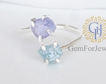 Rå akvamarin tanzanitring, ring med två stenar, oslipad akvamarinkristall, smycken i sterlingsilver, justerbar pastellring, ring med rå sten