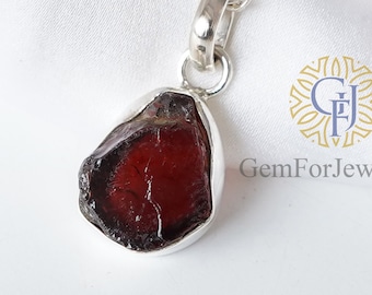 Garnet Necklace Pendant, Rough Stone Pendant, January Birthstone Jewelry, Silver Handmade Jewelry, Raw Crystal Pendant, Summer Jewelry