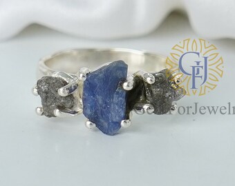 Raw Sapphire Diamond Ring, Precious Gemstone Ring, Sapphire Engagement Ring, Raw Diamond Ring, Silver Handmade Ring, September Birthstone