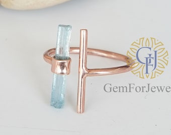 Bague barre aigue-marine brute, bague bâton réglable en argent aqua, bague en plaqué or rose, bijoux de pierre de naissance de mars, bâton aigue-marine, cadeau d'anniversaire