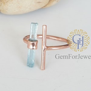 Raw Aquamarine Bar Ring, Adjustable Aqua Silver Stick Ring, Rose Gold Plated Ring, March Birthstone Jewelry, Aquamarine Stick, Birthday Gift