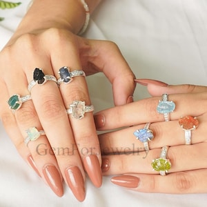 Raw Aquamarine Ring, Aquamarine Diamond Ring, Gemstone Options, Sterling Silver Jewelry, Natural Aquamarine With CZ, Rough Stone Ring, Gift