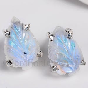 Moonstone Stud Earrings, Hand-Carved Leaf Moonstone Earrings, Handmade Silver Jewelry, Rainbow Moonstone, Crystal Earrings, June Birthstone