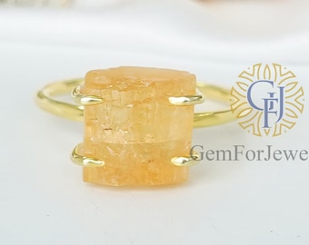 Raw Yellow Imperial Topaz Ring, 14K Gold Plated Ring, Raw Topaz Ring, Silver Handmade Ring, Artisan Antique Jewelry, November Birthstone