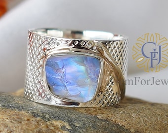 Raw Moonstone Ring, Blue Moonstone Thumb Ring, Textured Band Ring, Moonstone Crystal Ring, June Birthstone, Gift For Her, Size US 8-12