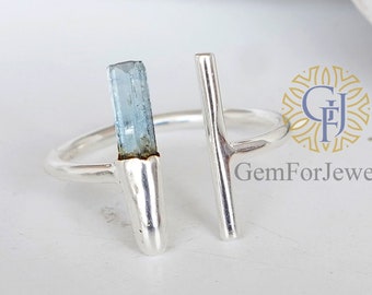 Raw Aquamarine Bar Ring, Adjustable Aqua Silver Stick Ring, March Birthstone Jewelry, Aquamarine Stick, Silver Handmade Ring, Birthday Gift