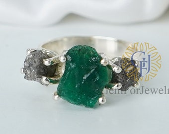 Roher Smaragd Diamant Ring, Smaragd Verlobungsring, Rohdiamantring, Rohsteinring, Silber Ring, Mai Geburtsstein, Geschenk für sie