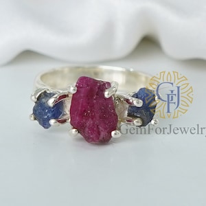 Raw Ruby Blue Sapphire Ring, Precious Gemstone Ring, Two Stone Ring, Engagement Ring, Ruby Ring, Silver Handmade Ring, September Birthstone