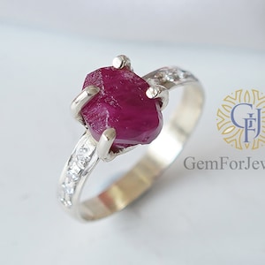 Raw Ruby Ring, Ruby With CZ, July Birthstone Ring, Ruby Crystal Ring, Birthstone Jewelry, Uncut Gemstone, Antique Ruby Ring, Gifts For Her