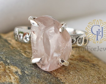 Raw Rose Quartz Ring, Solid Sterling Silver 925, Natural Rough Stone Ring, CZ Rose Quartz Crystal, Gift Idea For Girls, Birthstone Jewelry