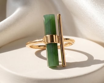 Raw Green Jade 14K Gold Ring, Adjustable Bar Ring, Handmade Gemstone Jewelry, Natural China Jade, March Birthstone Jewelry, Gift For Women
