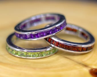 Gemstone Silver Band, Rhodium Over Silver, Boho Women Stackable Band, Engagement Square Cut Jewelry, Full Eternity Gemstone Band, Garnet