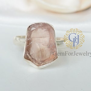 Raw Rose Quartz Ring, Solid Sterling Silver 925, Natural Rough Stone Ring, Rose Quartz Crystal, Gift For Girls, January Birthstone Jewelry