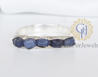 Raw Blue Sapphire Ring, Sapphire Multi Stone Ring, Stacking Ring, Raw Dainty Ring, Anxiety Ring, Uncut Stone Ring, September Birthstone