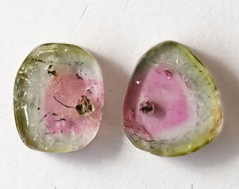 10x8 mm Watermelon Tourmaline Slice Pair, Pink Green Tricolor Tourmaline, Polished Gemstone Slice, Tourmaline Jewelry, October Birthstone
