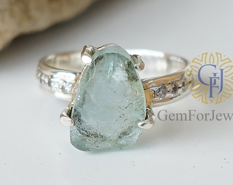 Raw Aquamarine Ring, Sterling Silver Jewelry, Natural Aquamarine With CZ, Antique Ring, Rough Stone Ring, Statement Ring, Gift For Mom