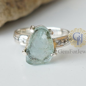 Raw Aquamarine Ring, Sterling Silver Jewelry, Natural Aquamarine With CZ, Antique Ring, Rough Stone Ring, Statement Ring, Gift For Mom