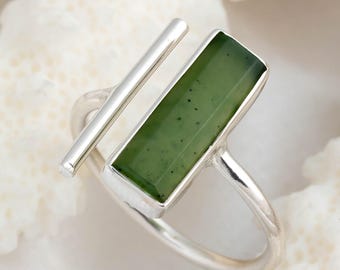 Raw Green Jade Ring, Long Bar Adjustable Ring, Jade Gemstone Ring, Raw Crystal Ring, Birthstone Jewelry, Handmade Jewelry, Gift For Mom