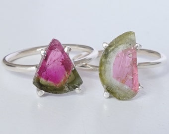 Pink Green Tourmaline Slice Ring, Watermelon Tourmaline Ring, Polished Tourmaline Slice, October Birthstone Jewelry, Raw Tourmaline Ring