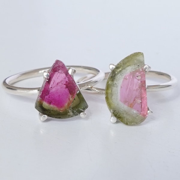 Pink Green Tourmaline Slice Ring, Watermelon Tourmaline Ring, Polished Tourmaline Slice, October Birthstone Jewelry, Raw Tourmaline Ring