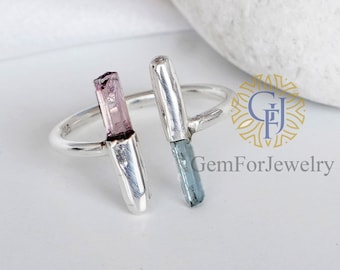 Aquamarine Pink Tourmaline Pencil Ring, Raw Tourmaline Stick Ring, Adjustable Ring, October Birthstone Ring, Handmade Ring, Gift For Her